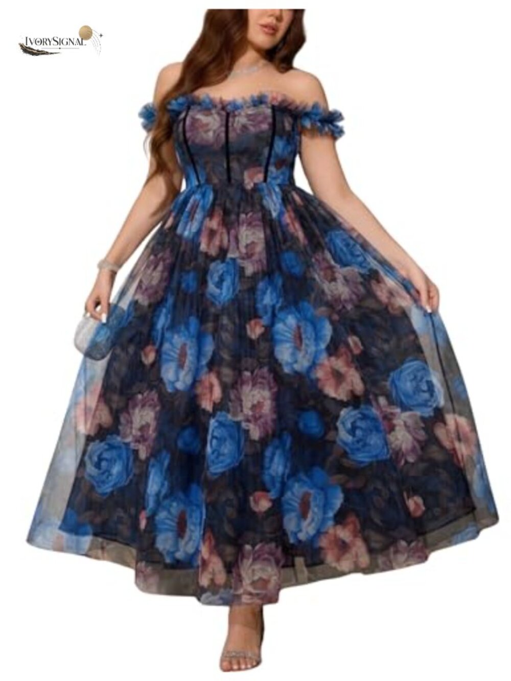 Plus Size Floral Lace Off Shoulder Sweetheart A-Line Midi Formal Dress with Slit